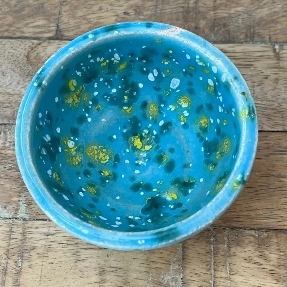 Handmade Clay Pottery Bowl Blue Yellow Speckled Crackle Glaze Artist Signed